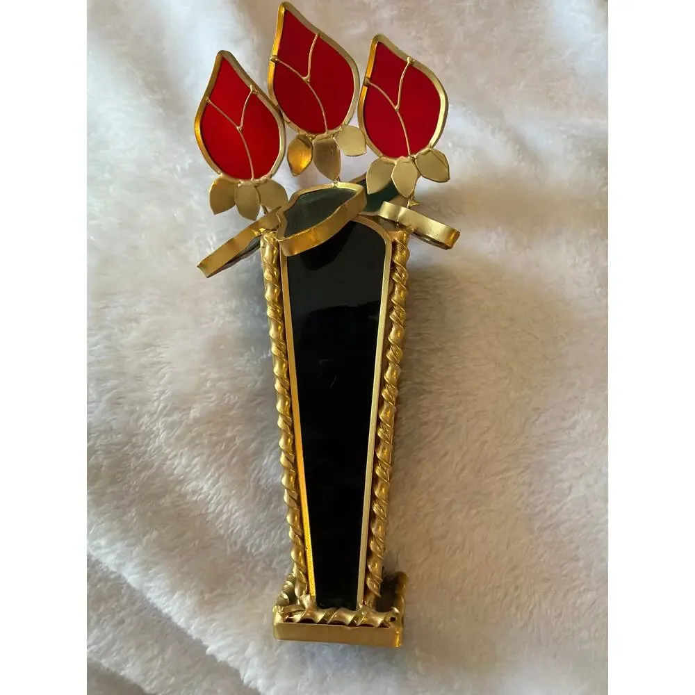 Rare Vintage Stained Glass Style Red Tulip Flower Vase Gold Tone Decor